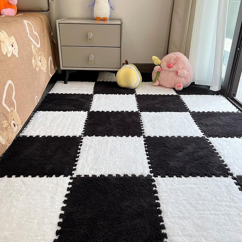 BXEBUI 12pcs Carpet Squares Puzzle Floor Mat, Plush Interlocking Carpet Tiles, Anti Slip EVA Foam Jigsaw Floor Tiles, Build A Safe Area for Bedroom Playroom (White+Black) - Image 1